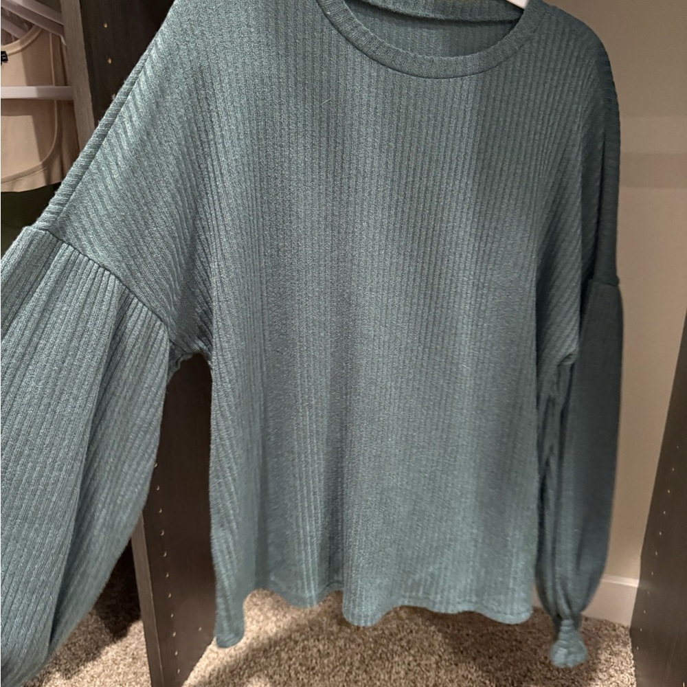Elegant Teal Ribbed Women's Sweatshirt